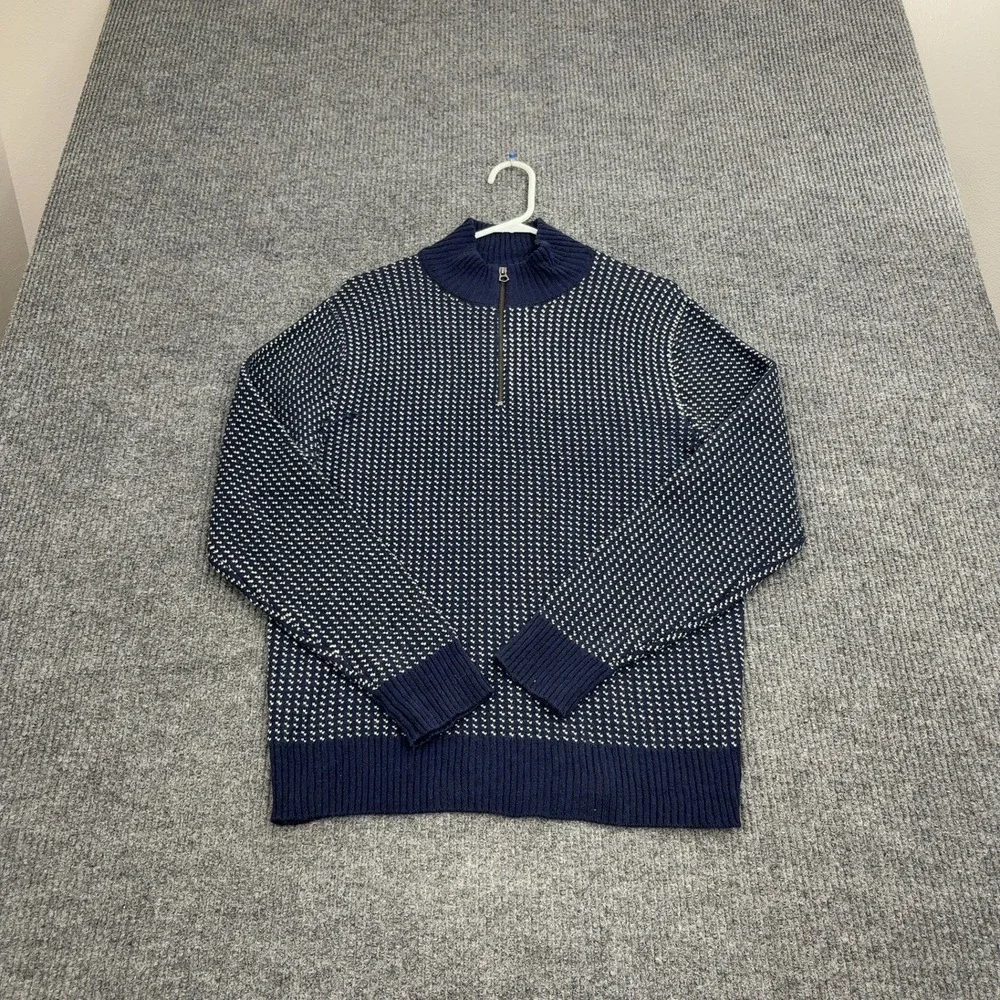 J Crew Sweater Mens M Blue Merino Wool Birdseye‎ Quarter Zip Mock Neck Classic